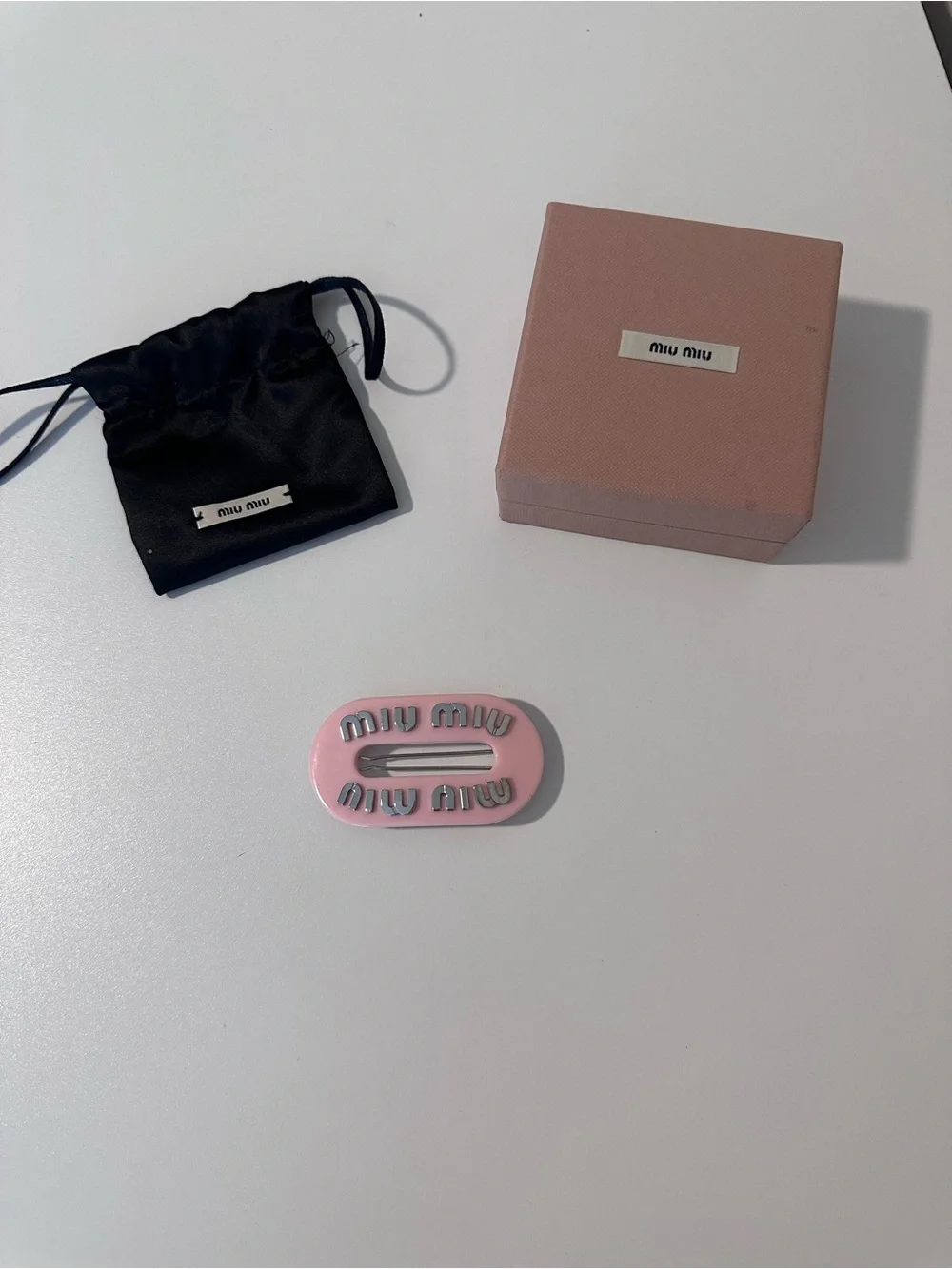Miu Miu Pink Enamel Logo Hair Clip full inclusion